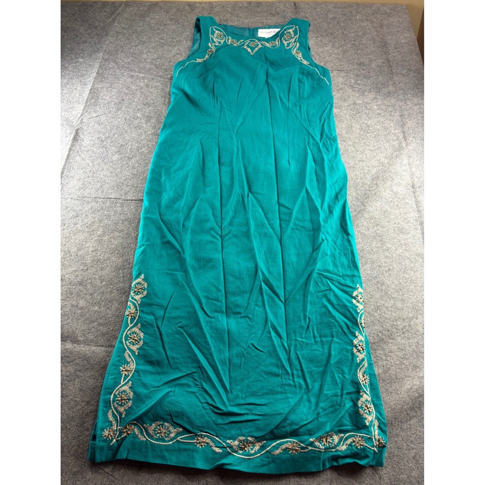 Sag Harbor Teal Linen Blend Beaded Embroidered Beaded‎ Tank Maxi Dress Womens 16
